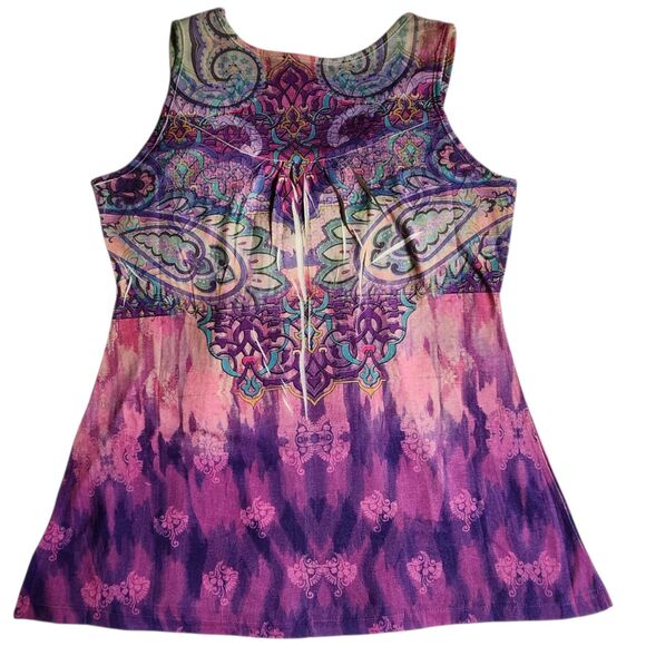 APT 9 Purple Pink Multi Color Paisley Ikat V Neck Sleeveless Tunic Top sz S - Picture 2 of 12